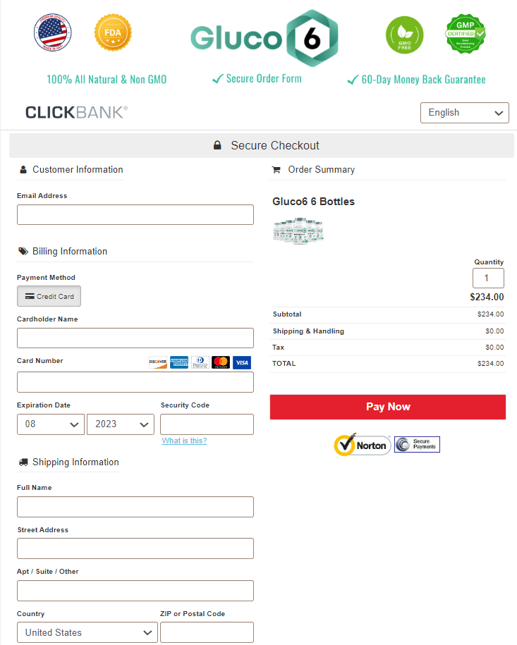 Screenshot of the secure Gluco6 order page